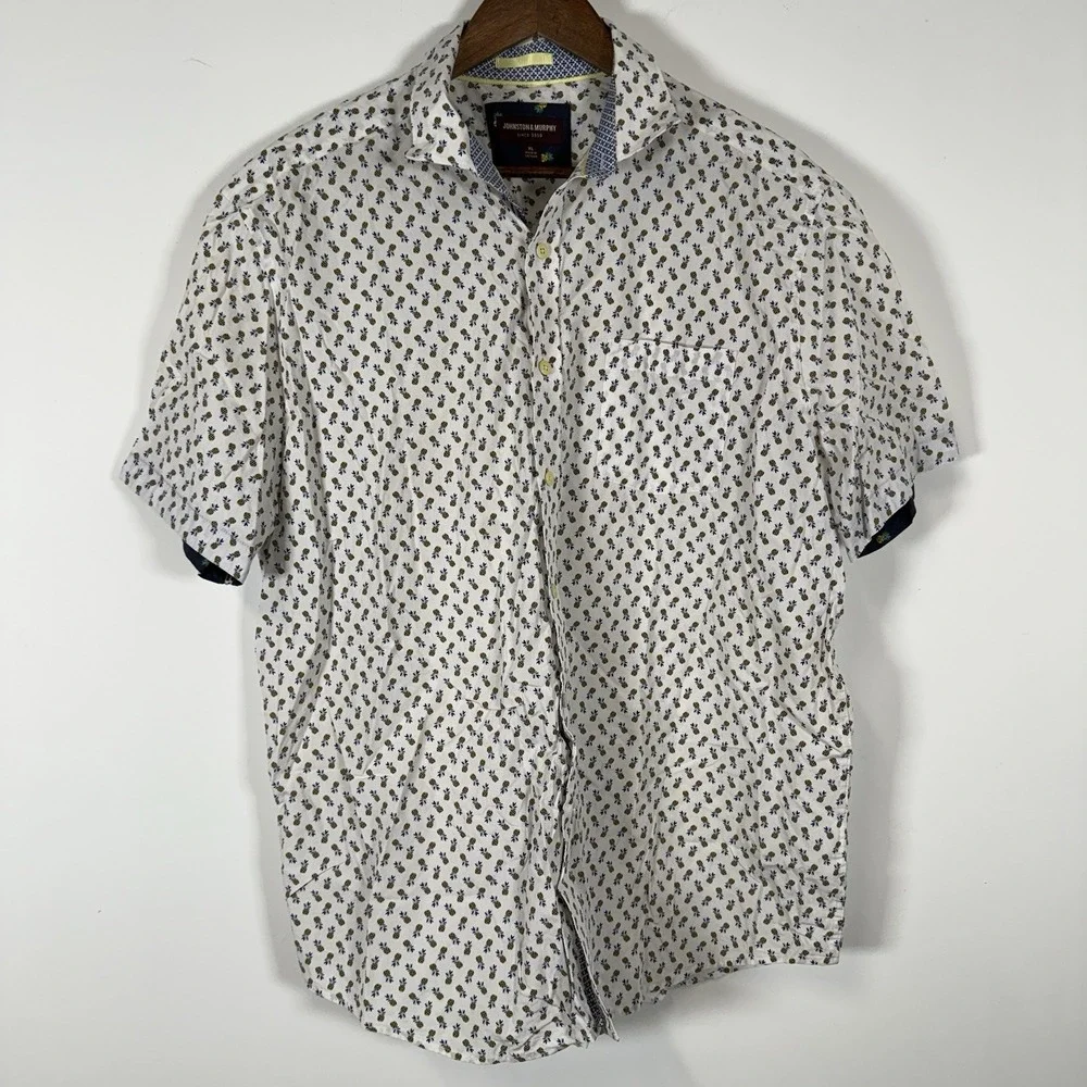 Johnston & Murphy Men's Button Down Shirt Short‎ Sleeve Pineapple Size XL White